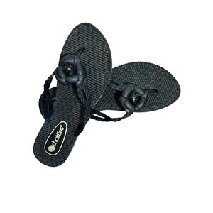 Chattles Womens Black Braided Flower Thong Flip Flop Sandals Size Large 8-8.5